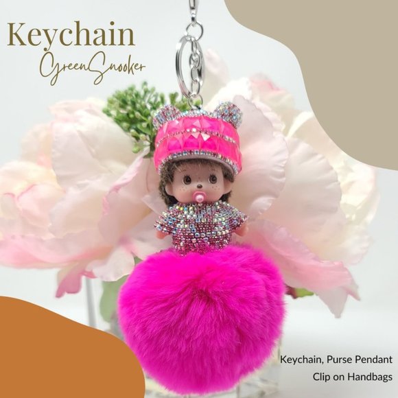 GreenSnooker Monchichi Rabbit Fur Fuchsia Keychain, Bag Pendant - Picture 2 of 10